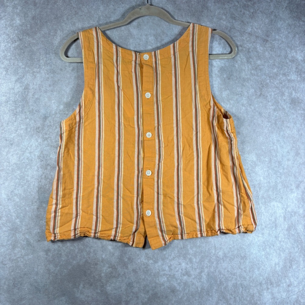 Pact Tank Top Womens M Orange Striped Button Back Cotton Linen Sleeveless